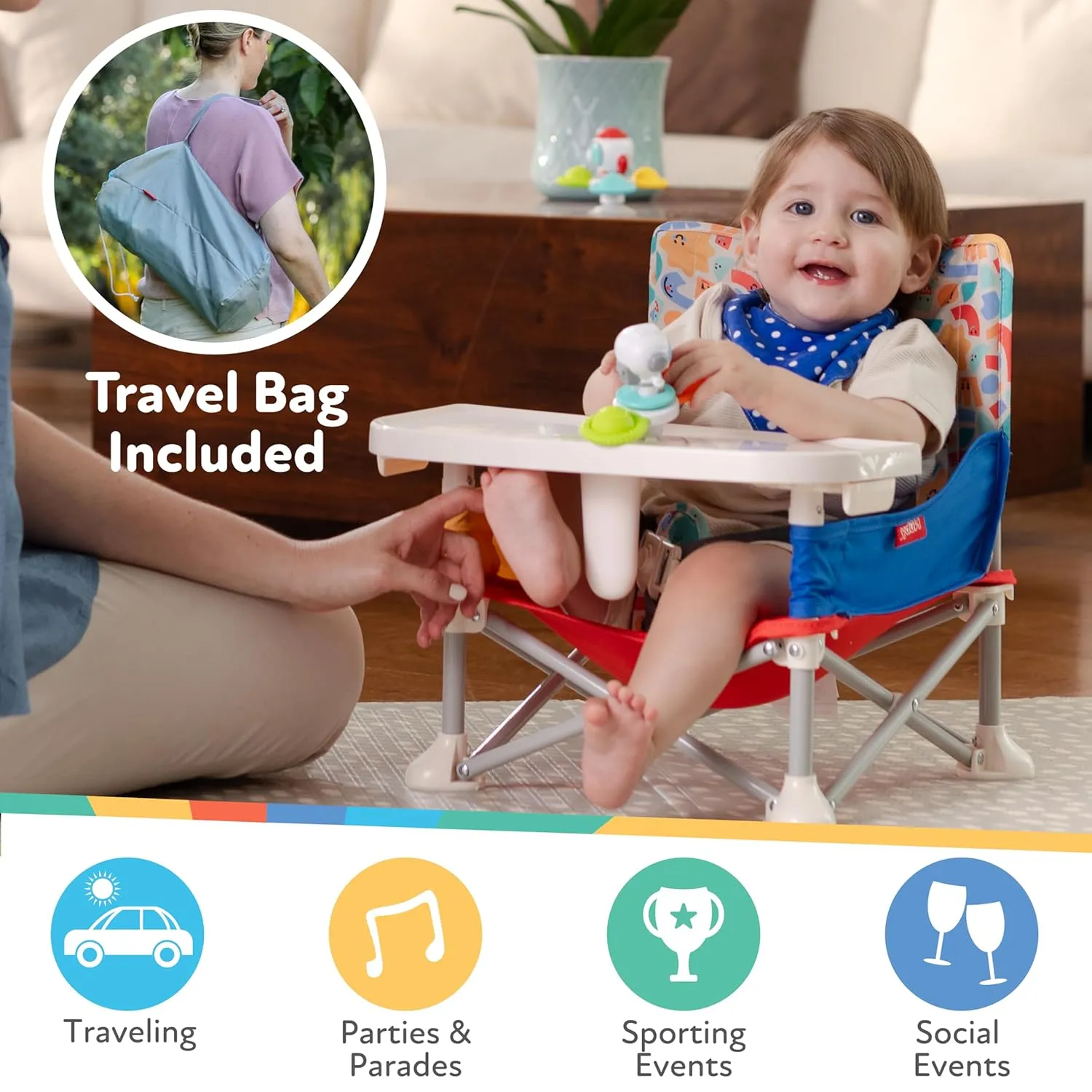 Nuby Easy Go Pop-Up Booster Seat with Removable Tray - 6  Months - Portable Booster Seat for Floor for Indoor/Outdoor Use - 3-Point Safety Adjustable Straps - Includes Travel Bag - Aqua