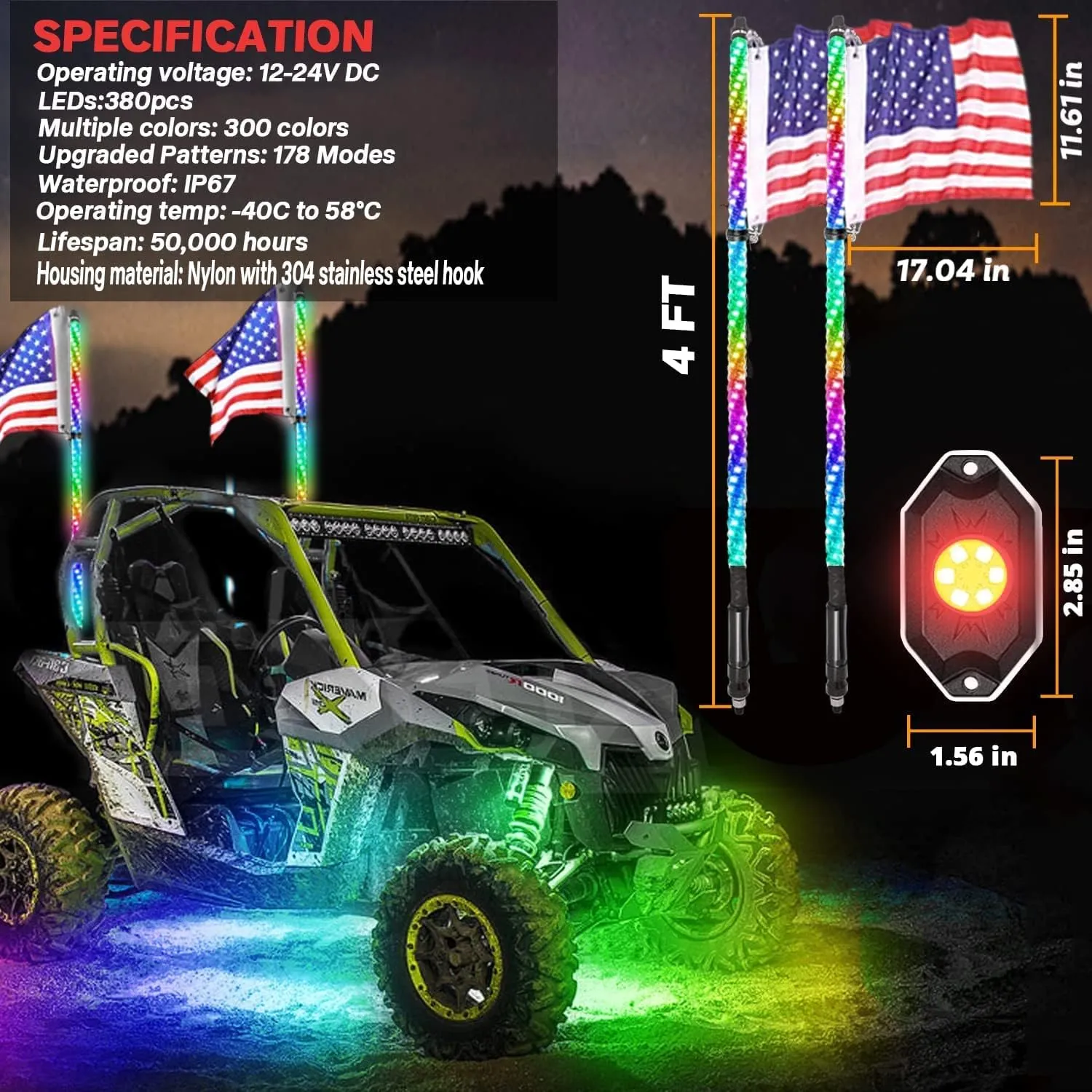 OHMU 2Pcs 4FT LED Whip Lights and 3rd-Gen Rock Lights Package with Bluetooth and Remote Control 360° Spiral RGB Chasing Neon Pods Offroad Warning Lighted Antenna Whips and Rocks Cambo