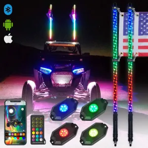 OHMU 2Pcs 4FT LED Whip Lights and 3rd-Gen Rock Lights Package with Bluetooth and Remote Control 360° Spiral RGB Chasing Neon Pods Offroad Warning Lighted Antenna Whips and Rocks Cambo