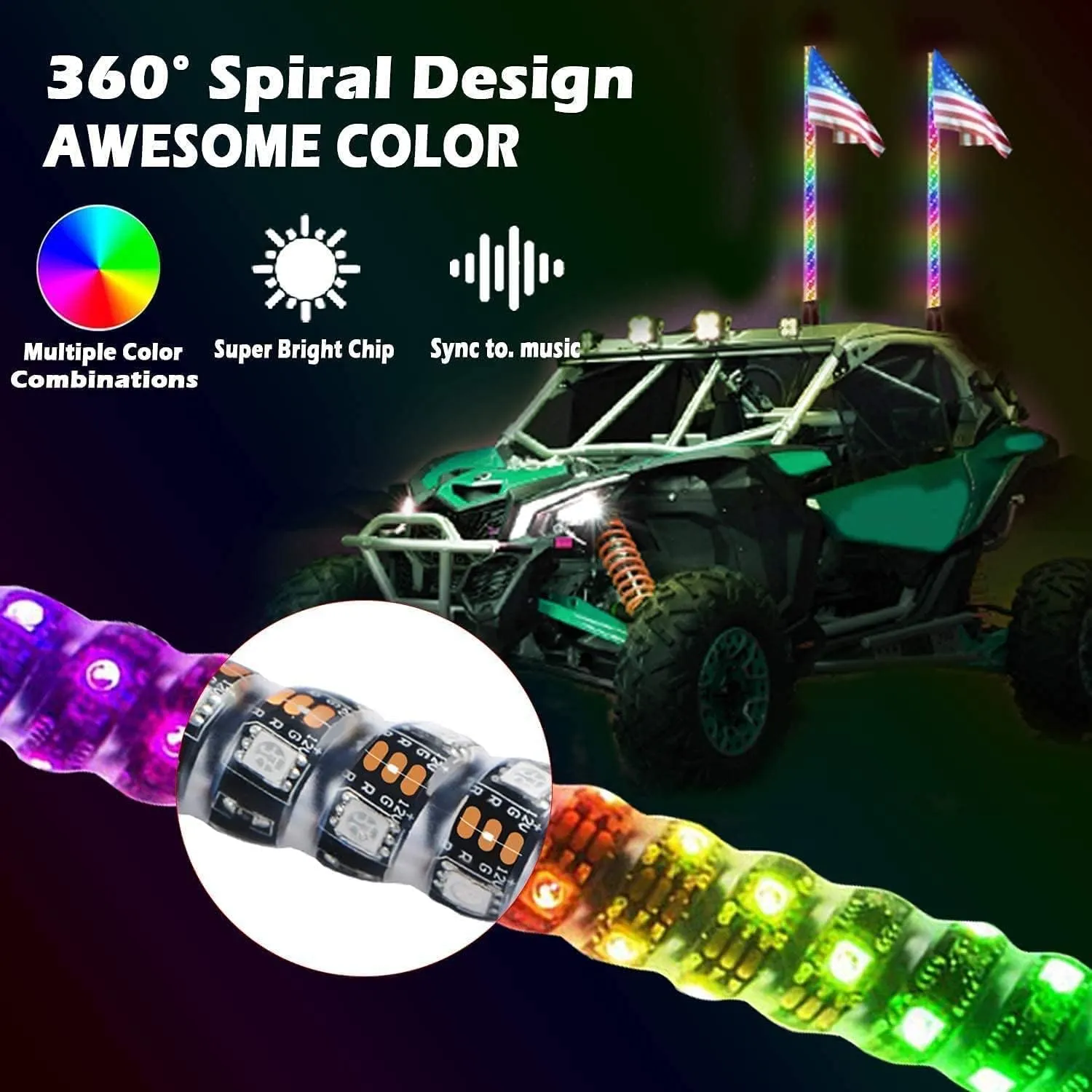 OHMU 2Pcs 4FT LED Whip Lights and 3rd-Gen Rock Lights Package with Bluetooth and Remote Control 360° Spiral RGB Chasing Neon Pods Offroad Warning Lighted Antenna Whips and Rocks Cambo
