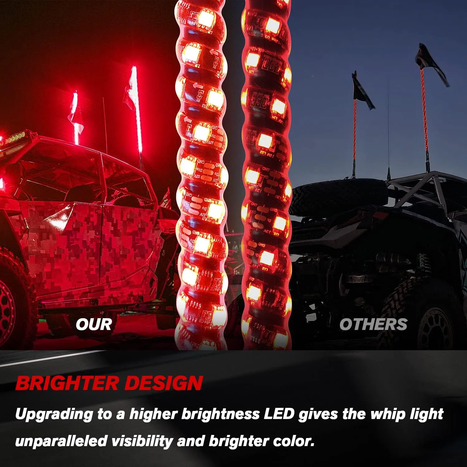OHMU 2Pcs 4FT LED Whip Lights and 3rd-Gen Rock Lights Package with Bluetooth and Remote Control 360° Spiral RGB Chasing Neon Pods Offroad Warning Lighted Antenna Whips and Rocks Cambo