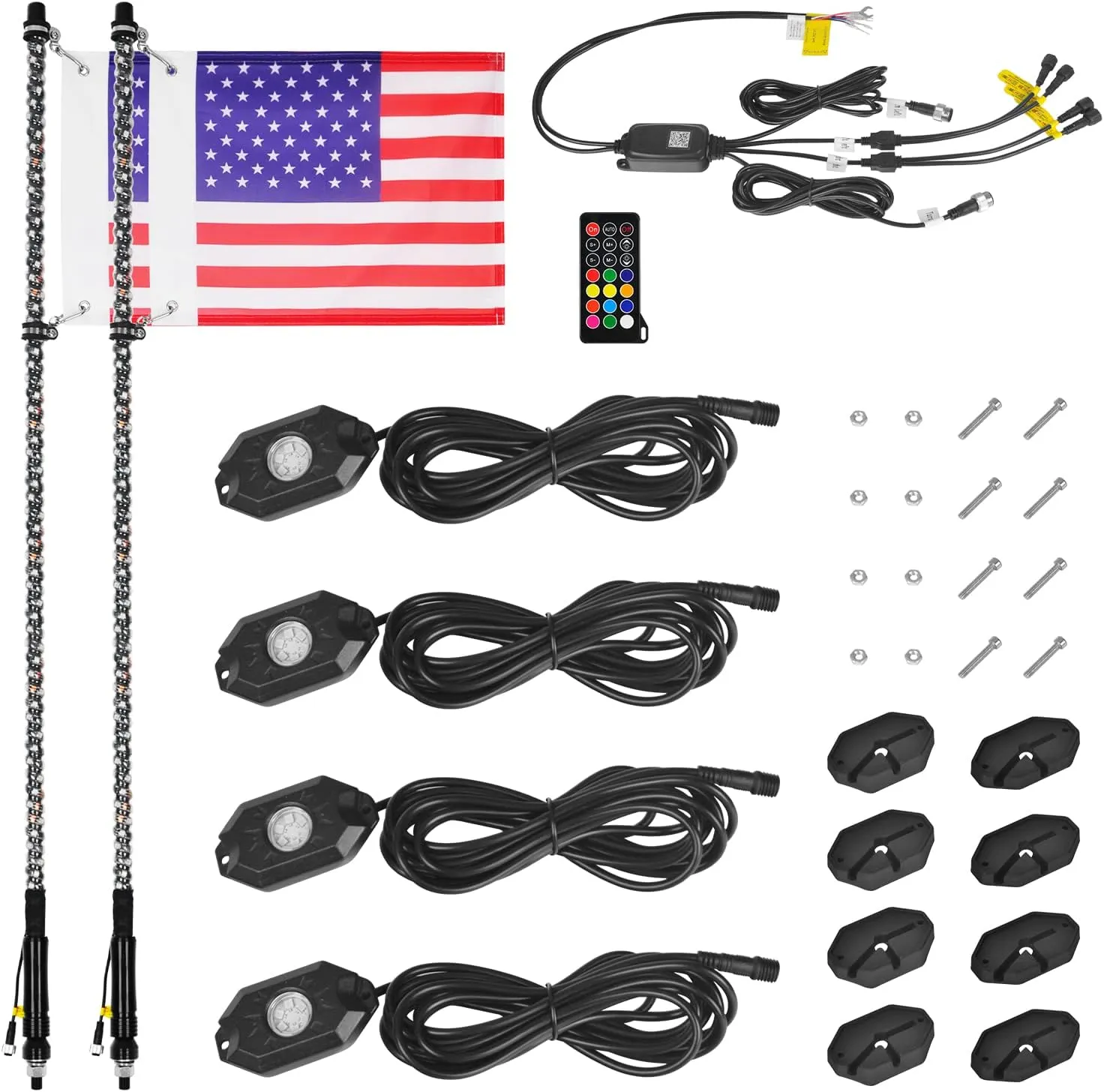 OHMU 2Pcs 4FT LED Whip Lights and 3rd-Gen Rock Lights Package with Bluetooth and Remote Control 360° Spiral RGB Chasing Neon Pods Offroad Warning Lighted Antenna Whips and Rocks Cambo