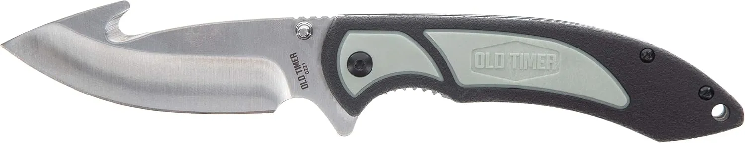 Old Timer Trail Boss 8in Gut Hook Folding Knife with High Carbon Stainless Steel, TPE Grip Handle, Finger Flip Assist, and Liner Lock for Hunting, Field Dressing, Skinning, Gutting, and Outdoors