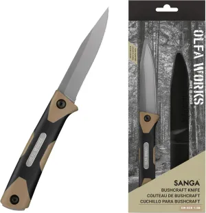 OLFA WORKS OW-BCK-1/SB SANGA Bushcraft Knife, 3.2mm Thick High Carbon Stainless Steel Blade - Great for Cutting, Scraping, Batoning and Compatible with Firestarters - Knife Sheath & Belt Clip (Sand)