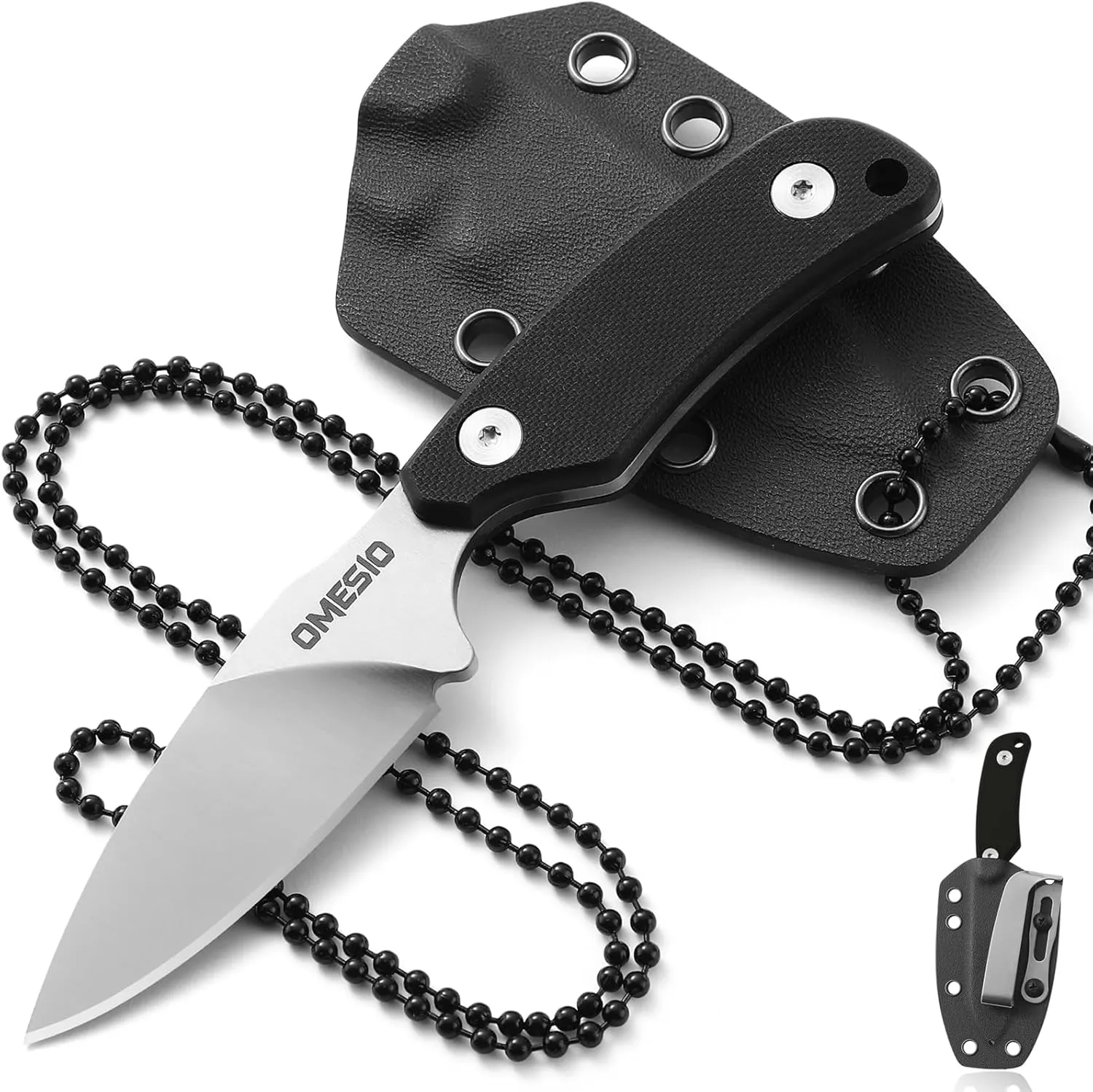 Omesio Compact Neck Knife With Clip, 5.82" With Sheath and Necklace, D2 Steel 2.99-Inch Blade, Full Tang G10 Handle, Fixed Blade for EDC, Hiking, Camping