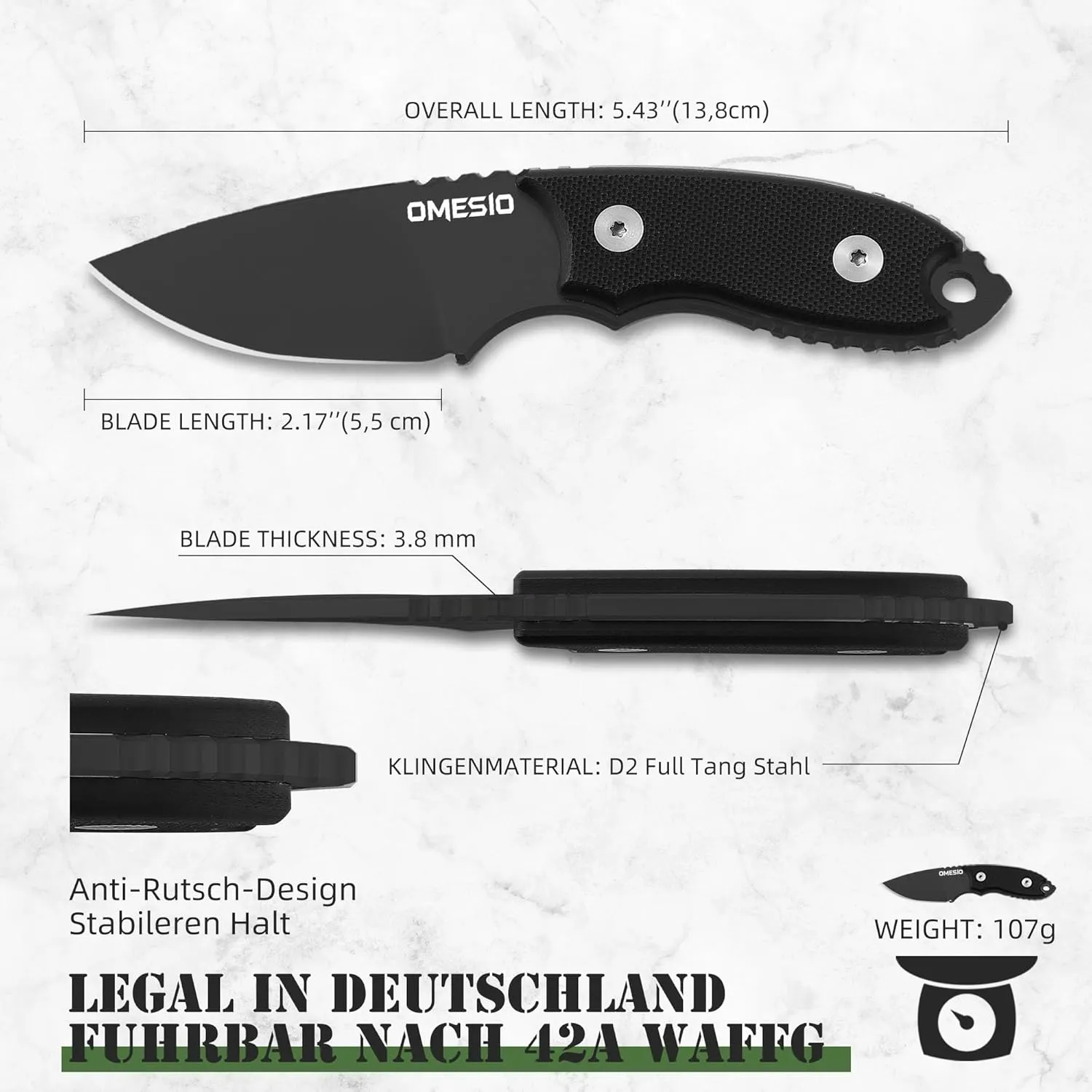 Omesio Neck Knife, 5.43" Neck Knife with Sheath and Necklace, Full Tang Small Mini Fixed Blad Knife with Clip D2 Steel 2.17-Inch Blade G10 Handle for Camping, Tactical (Black Handle   Black Blade)