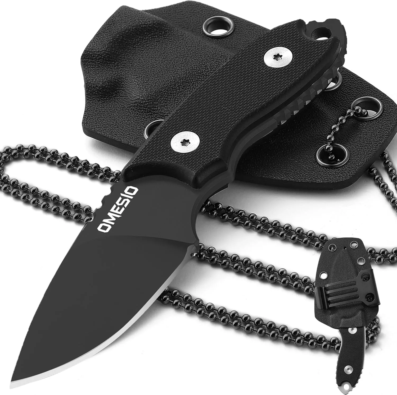 Omesio Neck Knife, 5.43" Neck Knife with Sheath and Necklace, Full Tang Small Mini Fixed Blad Knife with Clip D2 Steel 2.17-Inch Blade G10 Handle for Camping, Tactical (Black Handle   Black Blade)