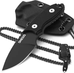 Omesio Neck Knife, 5.43" Neck Knife with Sheath and Necklace, Full Tang Small Mini Fixed Blad Knife with Clip D2 Steel 2.17-Inch Blade G10 Handle for Camping, Tactical (Black Handle   Black Blade)
