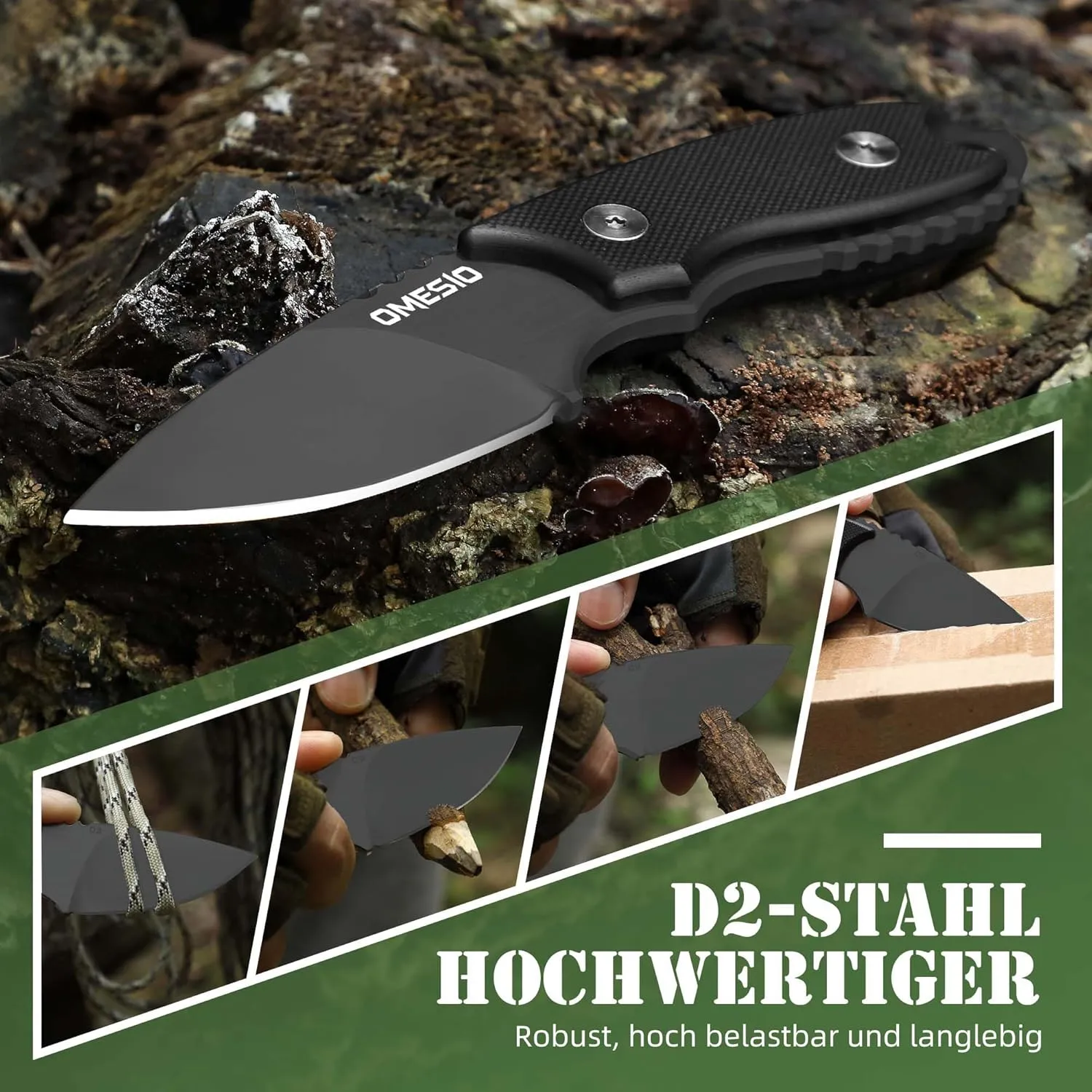 Omesio Neck Knife, 5.43" Neck Knife with Sheath and Necklace, Full Tang Small Mini Fixed Blad Knife with Clip D2 Steel 2.17-Inch Blade G10 Handle for Camping, Tactical (Black Handle   Black Blade)