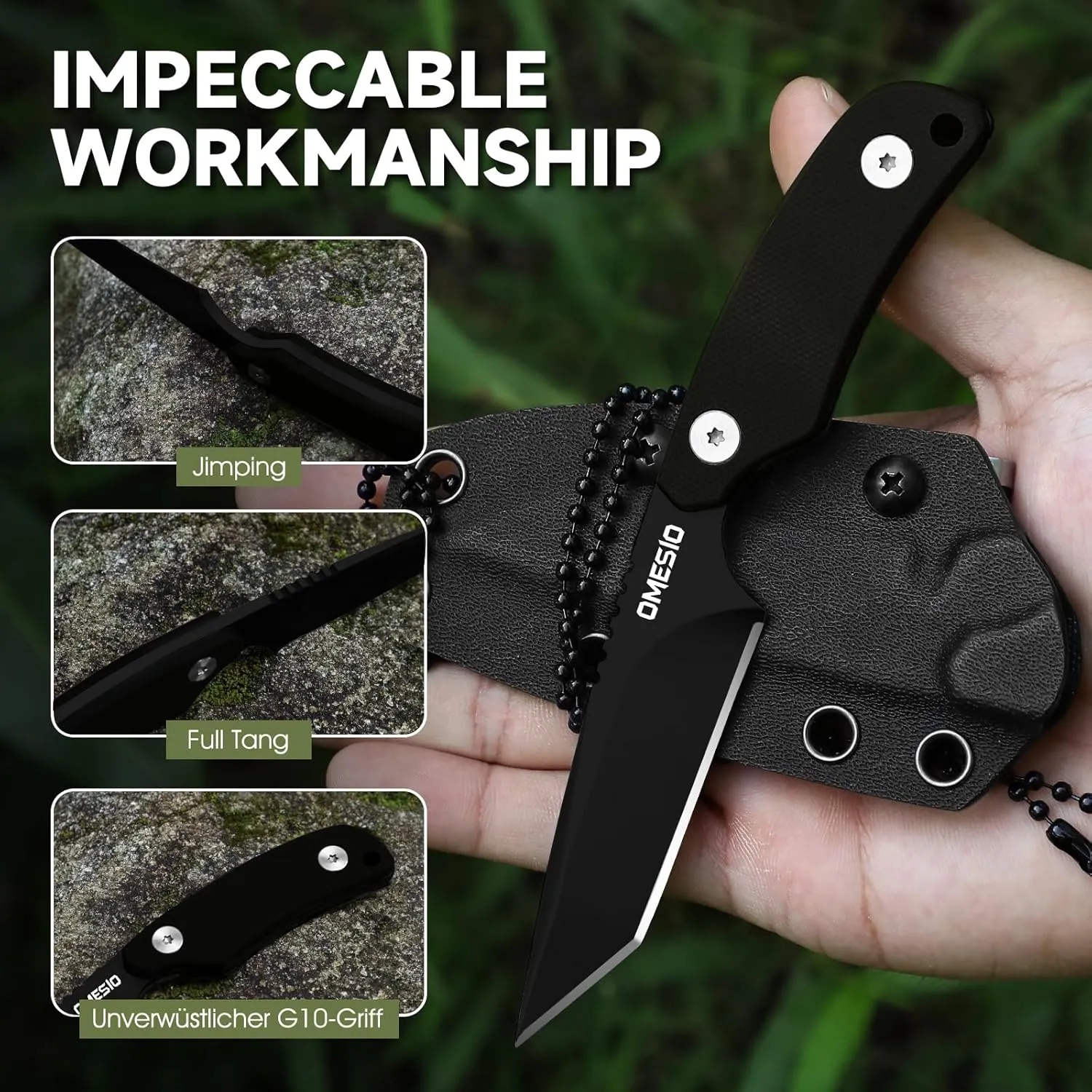 Omesio Neck Knife, Small Tanto Fixed Blade with Kydex Sheath and Clip, Full Tang 6" Necklace, Mini Tactical EDC Knife - D2 Steel, G10 Handle (Black Steel   Black Handle)