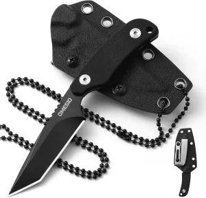 Omesio Neck Knife, Small Tanto Fixed Blade with Kydex Sheath and Clip, Full Tang 6" Necklace, Mini Tactical EDC Knife - D2 Steel, G10 Handle (Black Steel   Black Handle)
