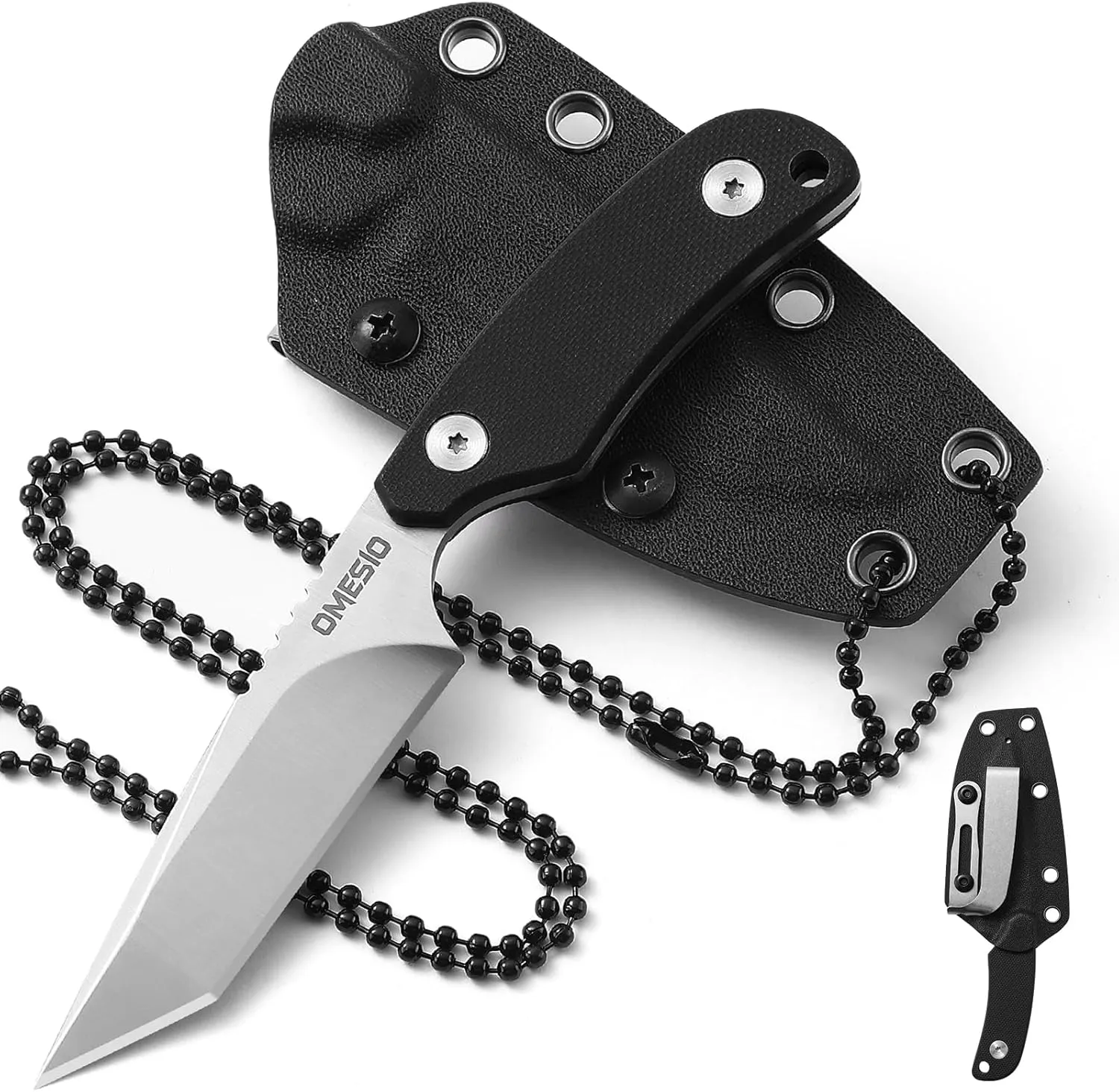 Omesio Tanto Neck Knife, Small Fixed Blade Knife with Kydex Sheath and Clip, Full Tang 6" Neck Knife with Sheath and Necklace, Mini Tactical EDC Knife D2 Steel G10 Handle(White Steel  Black Handle)
