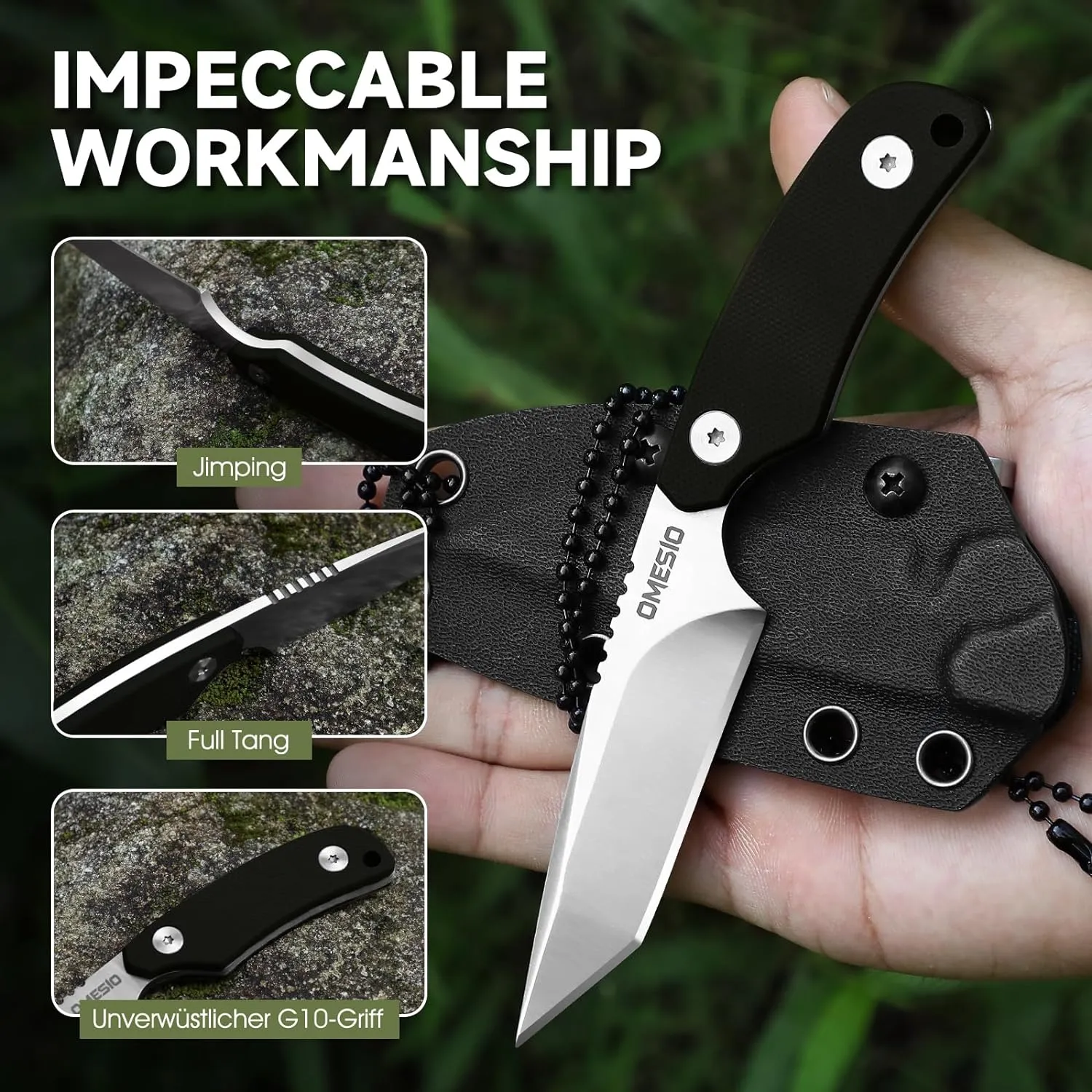 Omesio Tanto Neck Knife, Small Fixed Blade Knife with Kydex Sheath and Clip, Full Tang 6" Neck Knife with Sheath and Necklace, Mini Tactical EDC Knife D2 Steel G10 Handle(White Steel  Black Handle)