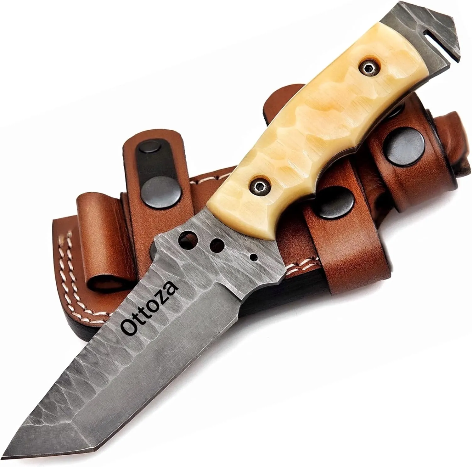 Ottoza 1095 High Carbon Steel Knife 8" Hunting Knife Bone Handle- Tanto Knife - Tactical Knife Bushcraft Survival Knife - Camping Knife EDC Knife Fixed Blade Knife with Sheath Horizontal Carry No:380