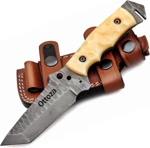 Ottoza 1095 High Carbon Steel Knife 8" Hunting Knife Bone Handle- Tanto Knife - Tactical Knife Bushcraft Survival Knife - Camping Knife EDC Knife Fixed Blade Knife with Sheath Horizontal Carry No:380