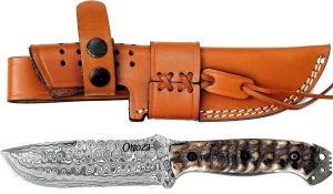Ottoza Damascus Hunting Knife with Sheath & Ram Horn Handle - Outdoor Knife Survival Knife Bushcraft Knife Camping Knife - Damascus Knife - Damascus Steel Fixed Blade Hunting Knives for Men Vertical Carry Knife Sheath 318