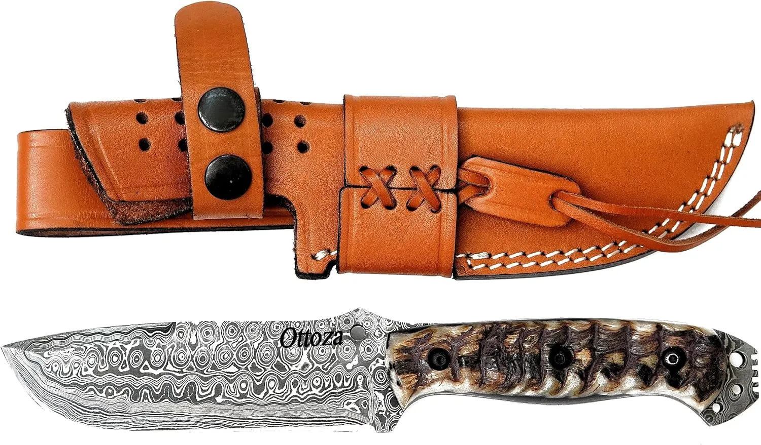 Ottoza Damascus Hunting Knife with Sheath & Ram Horn Handle - Outdoor Knife Survival Knife Bushcraft Knife Camping Knife - Damascus Knife - Damascus Steel Fixed Blade Hunting Knives for Men Vertical Carry Knife Sheath 318
