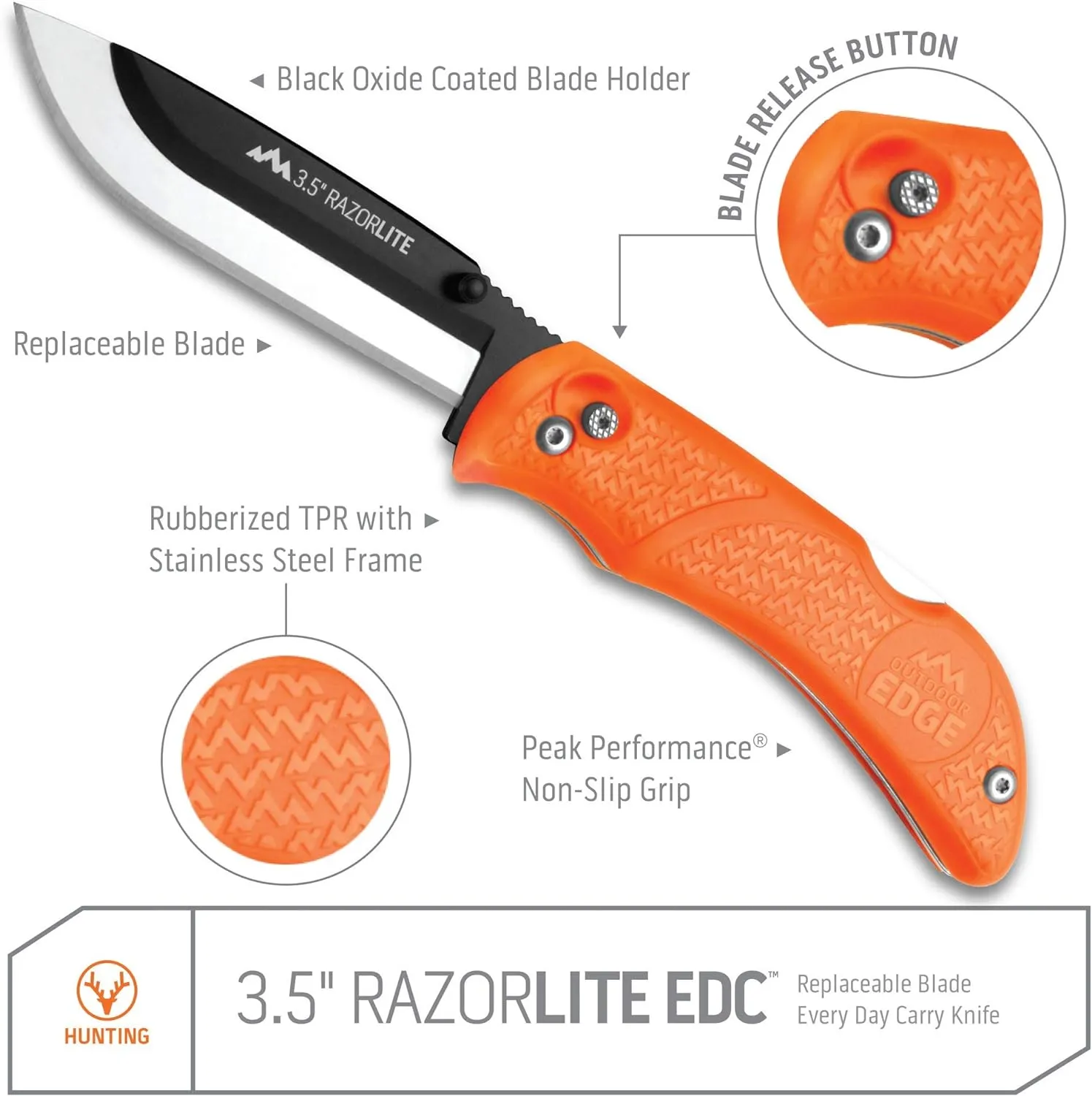 OUTDOOR EDGE Knives' RazorPro L Hunting Knife with Razor-Sharp Replaceable Blade features Non-Slip TRP Orange Handle, Belt Holster, & 12 Blades. Must-Have Field Dressing Knife for Your Hunting Gear