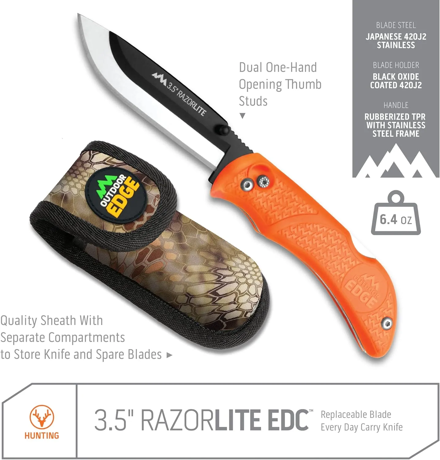 OUTDOOR EDGE Knives' RazorPro L Hunting Knife with Razor-Sharp Replaceable Blade features Non-Slip TRP Orange Handle, Belt Holster, & 12 Blades. Must-Have Field Dressing Knife for Your Hunting Gear