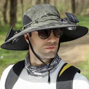 Outdoor Wide Brim Sun Hat with 2 Solar Fan Sun Bucket Hat for Men Women UPF 50  Bucket Fishing & Beach Hat with Fan Built in