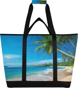 Palm Tree Beach Sea Reusable Insulated Cooler Bag with Ice Pack Compartment - Large 47L Waterproof Thermal Grocery Tote for Picnic Beach Camping Lunch Storage