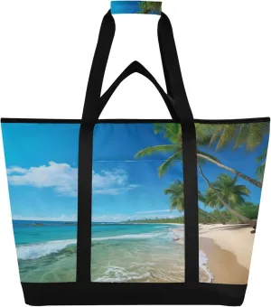Palm Tree Beach Sea Reusable Insulated Cooler Bag with Ice Pack Compartment - Large 47L Waterproof Thermal Grocery Tote for Picnic Beach Camping Lunch Storage