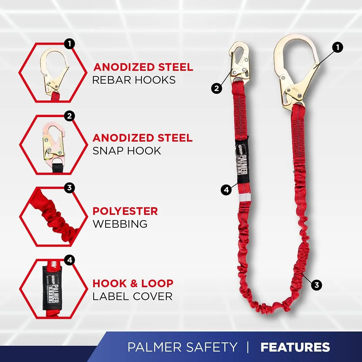 Palmer Safety L122133 6 FT Single Leg Safety Lanyard Internal Shock Absorber w/Pelican Rebar & Snap Hook I OSHA/ANSI Compliant Restraint Lanyards