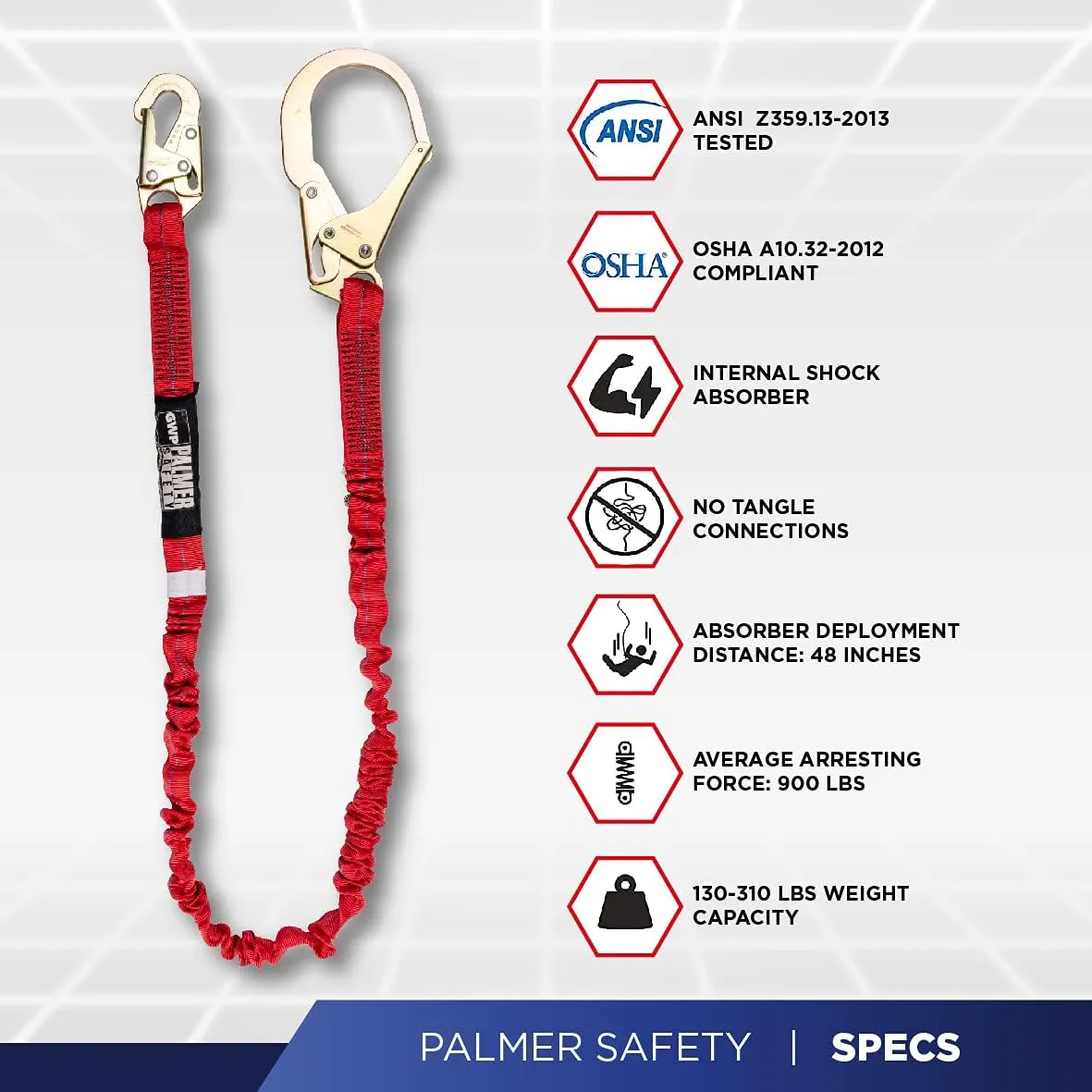 Palmer Safety L122133 6 FT Single Leg Safety Lanyard Internal Shock Absorber w/Pelican Rebar & Snap Hook I OSHA/ANSI Compliant Restraint Lanyards