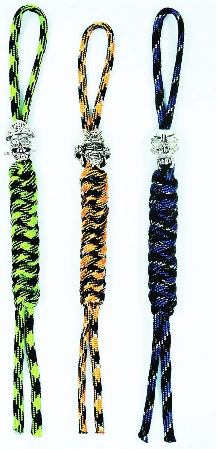 Paracord Knife Lanyard with Alloy Skull Beads,Handcrafted Lanyards Pendant for EDC Pocket Knife/Folding Knife/Outdoor Gear/Zipper Pulls/Survival Key-Chain/Cell,Pack of 3