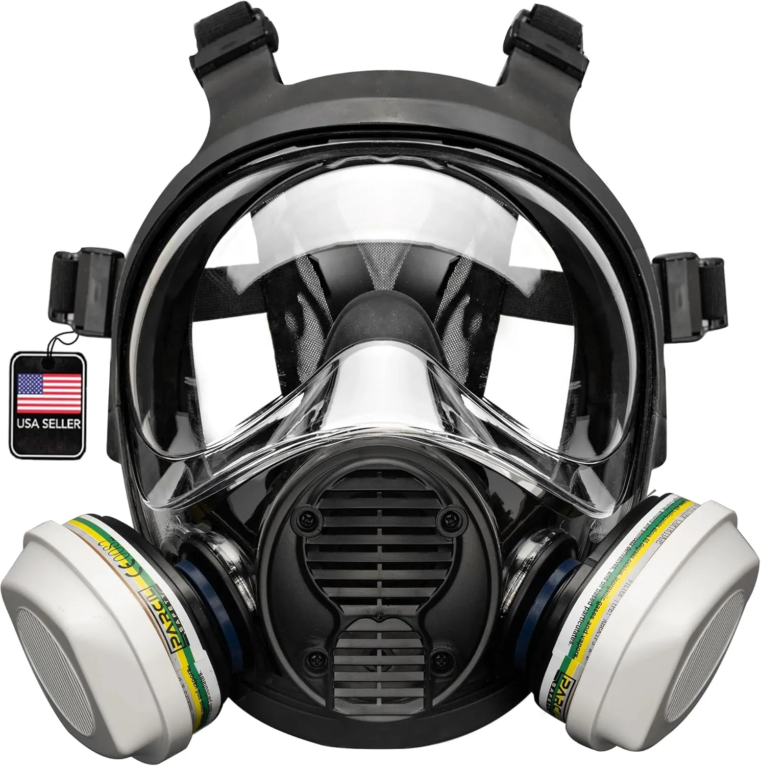 Parcil Distribution NB-100B Tactical Gas Mask with Bayonet Style Filter Ports - Full Face Respirator with MaxPro P-3-0 Multipurpose Filter Cartridges