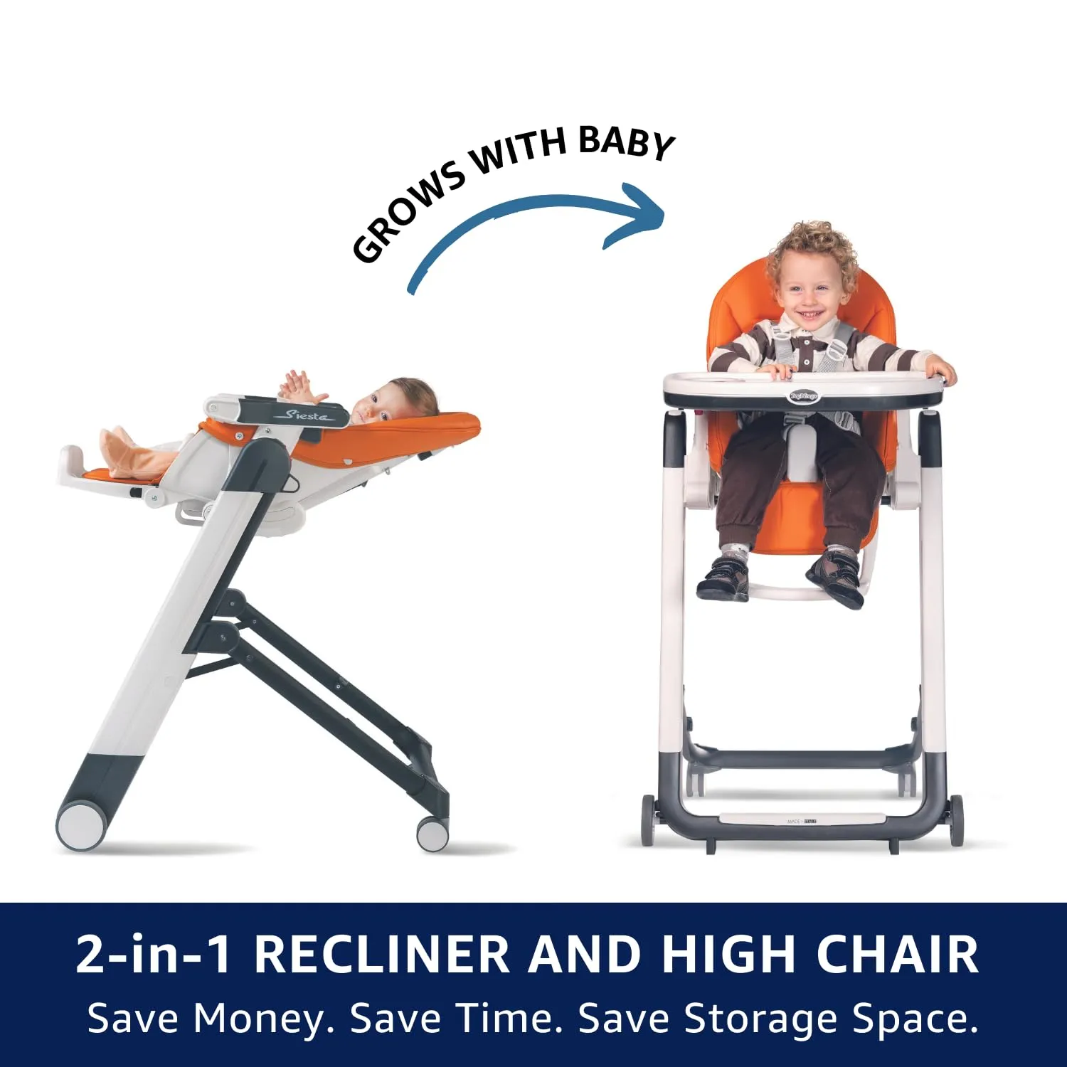 Peg Perego Siesta, Grow with Baby Folding High Chair & Recliner, Height Adjustable, Quick Clean & Easy Push Wheels for Babies & Toddlers, Made in Italy, Jaguars (White)