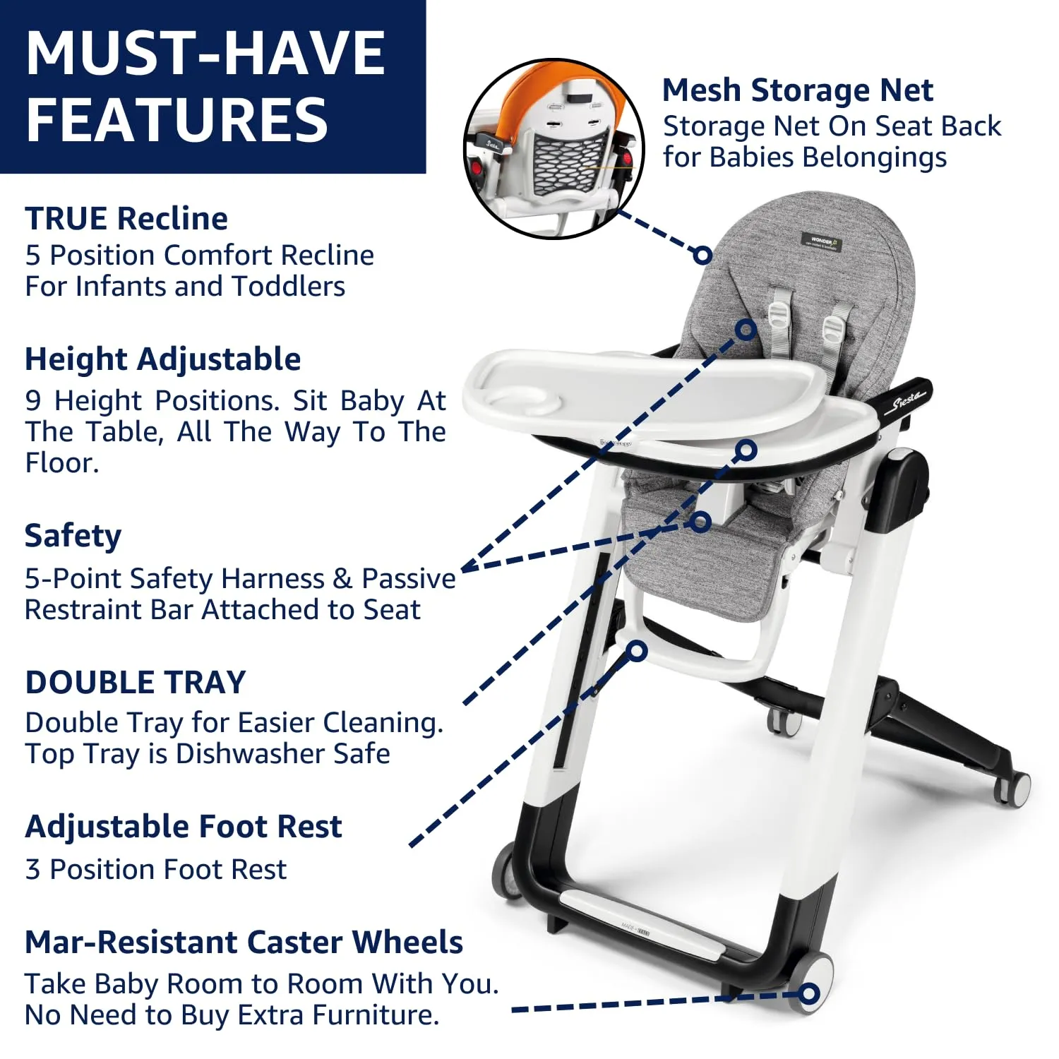 Peg Perego Siesta, Grow with Baby Folding High Chair & Recliner, Height Adjustable, Quick Clean & Easy Push Wheels for Babies & Toddlers, Made in Italy, Jaguars (White)