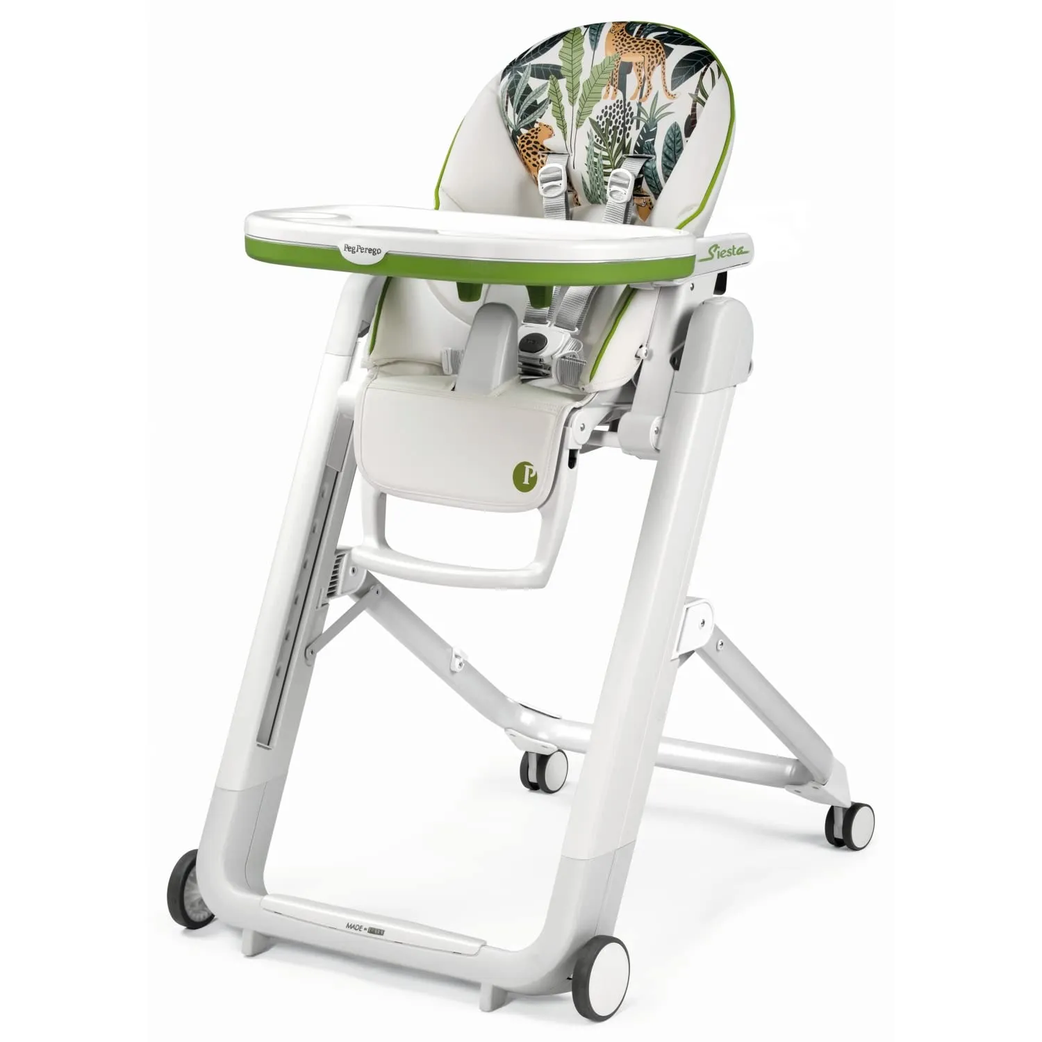 Peg Perego Siesta, Grow with Baby Folding High Chair & Recliner, Height Adjustable, Quick Clean & Easy Push Wheels for Babies & Toddlers, Made in Italy, Jaguars (White)