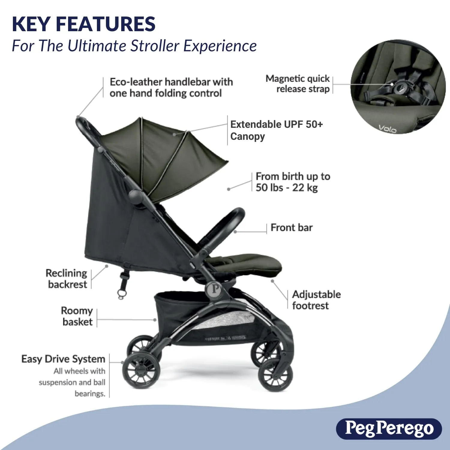 Peg Perego Volo, Ultra Lightweight Carry On Compliant Travel Stroller, Adjustable Features & Reclining Seat - Designed for Everyday Comfort from Newborn to 50lbs, Mon Amour (Beige & Pink)