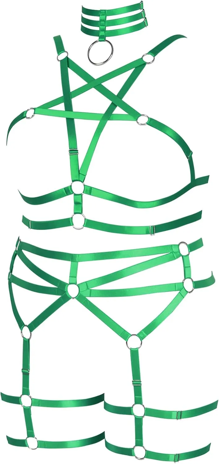 Pentagram Plus Size Women's Body Harness Punk Full Cage Bra Set Hollow Out Adjustable Gothic Dance Festival Rave