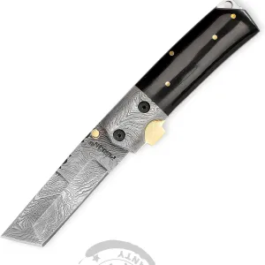 Perkin Custom Made Damascus Folding Knife Tanto Blade & Buffalo Horn Handle