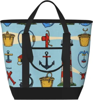 Personalized Insulated Tote Bags for Women with Zipper, Custom Large Capacity Casual Shoulder Handbags, Customized Cooler Shopping Grocery Travel Lunch Bag, Ocean Lighthouse Anchor