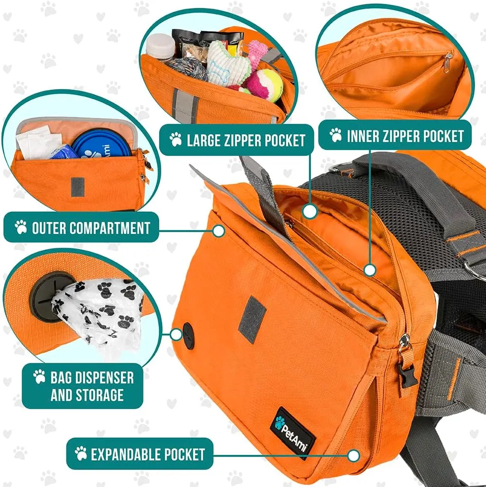 PetAmi Dog Backpack for Medium Large Dogs, Dog Saddle Bag for Dogs to Wear, Harness Saddlebag with Reflective Safety Side Pockets for Hiking, Camping, Vest Dog Pack for Travel (Orange, Large)