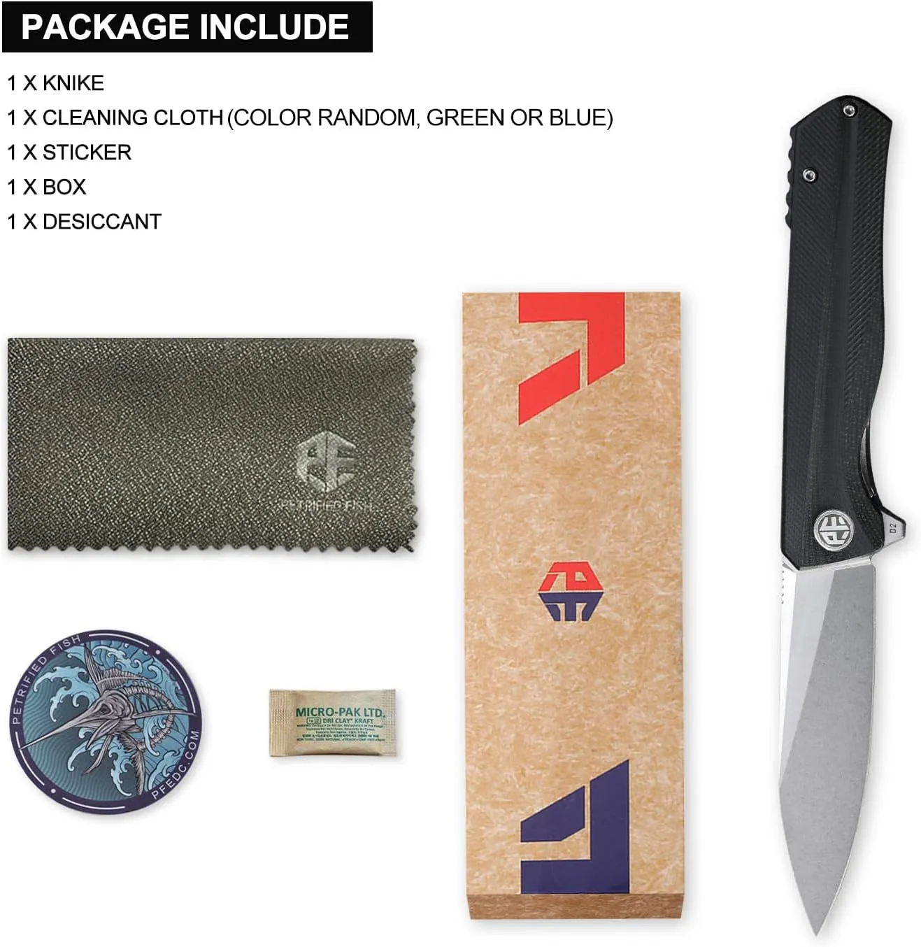 Petrified fish G10 handle D2 steel blade 2CR13 liner ball bearing flipper folding knife camping hunting EDC pocket tool PF818 (Black, Stonewash)