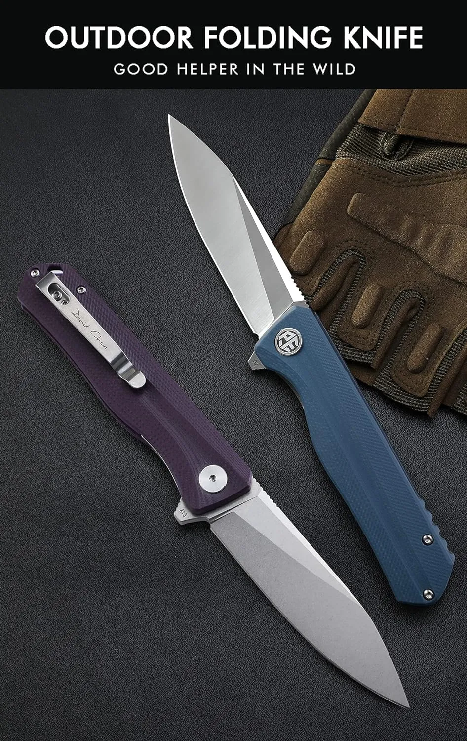 Petrified fish G10 handle D2 steel blade 2CR13 liner ball bearing flipper folding knife camping hunting EDC pocket tool PF818 (Black, Stonewash)