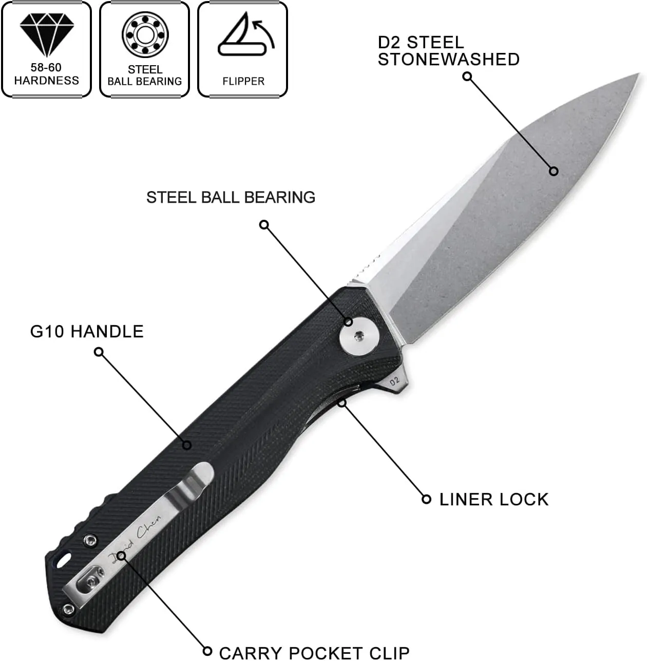 Petrified fish G10 handle D2 steel blade 2CR13 liner ball bearing flipper folding knife camping hunting EDC pocket tool PF818 (Black, Stonewash)