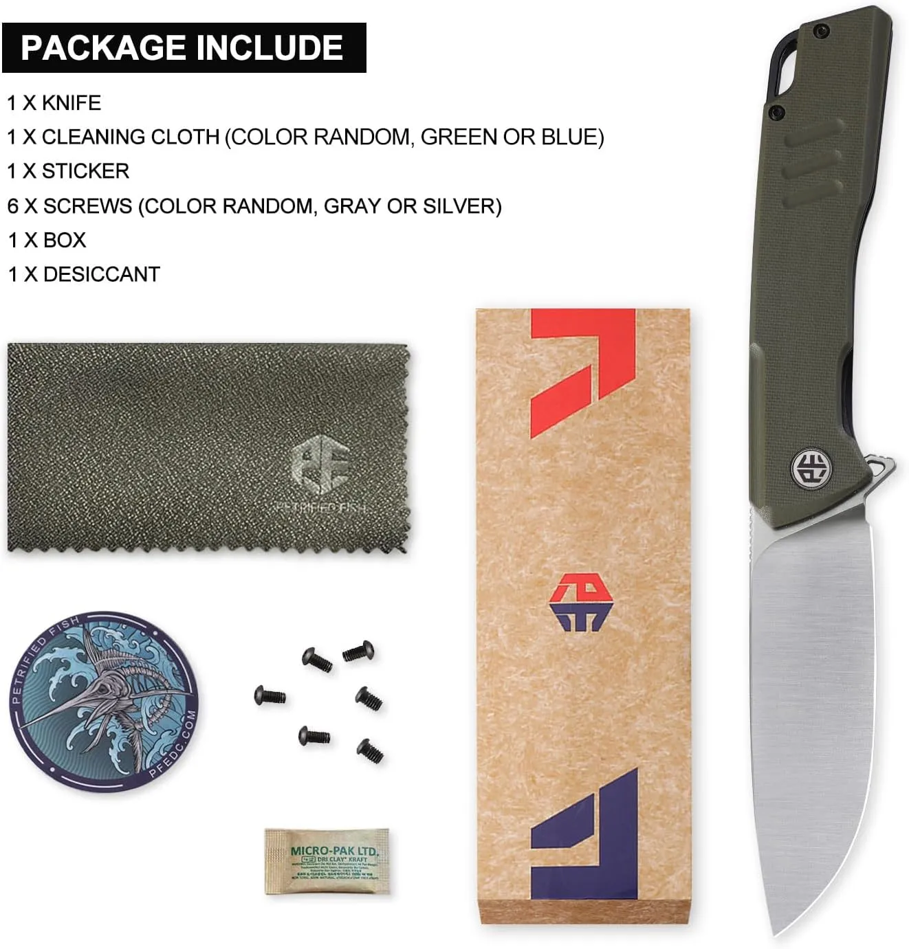 Petrified fish PFB02 Loco Pocket Knife, 3.70" D2 Satin Blade Camping Knife, 5.29oz G10 Handle Flipper Liner lock Folding knife for EDC (Green Satin)