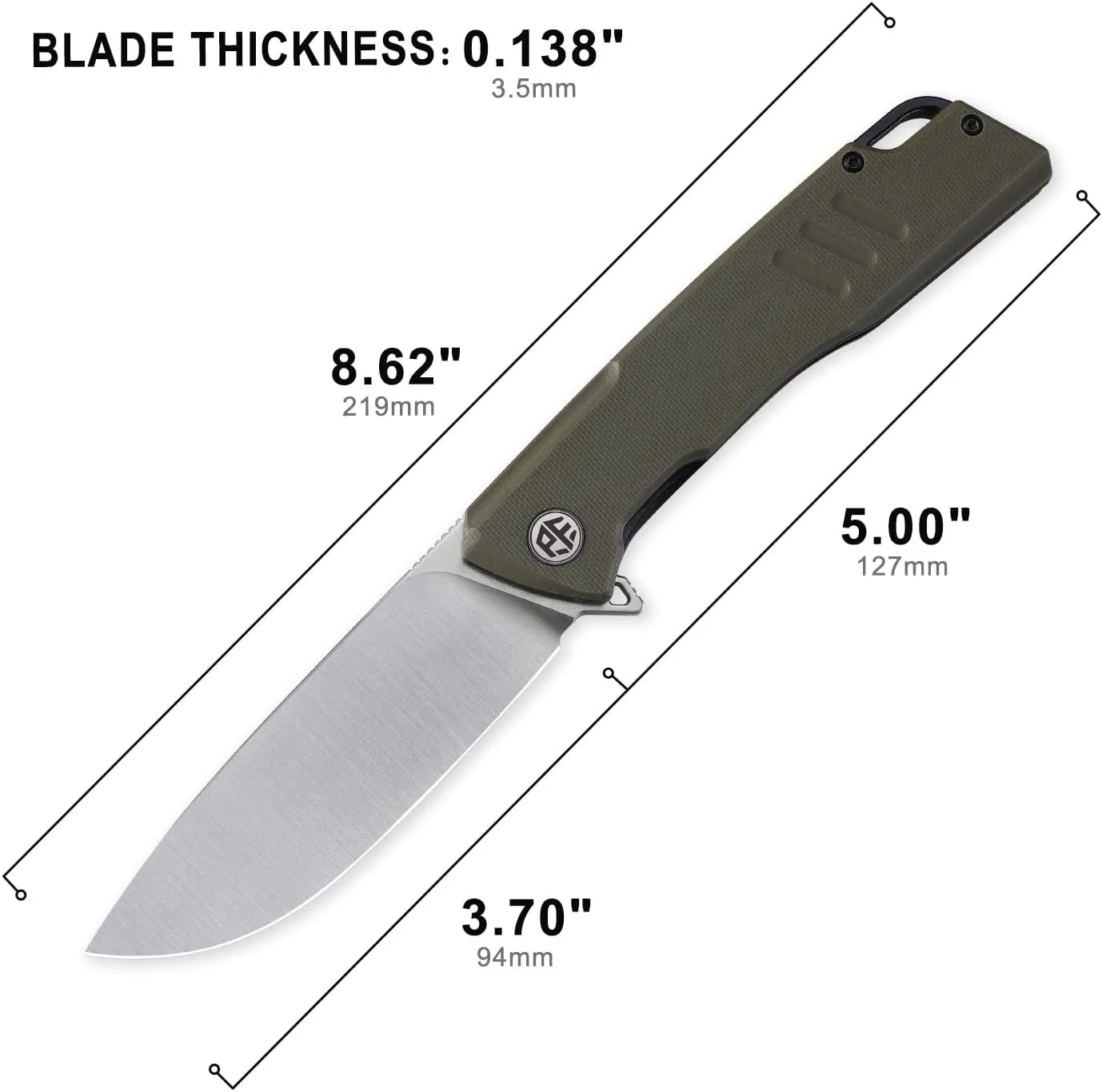 Petrified fish PFB02 Loco Pocket Knife, 3.70" D2 Satin Blade Camping Knife, 5.29oz G10 Handle Flipper Liner lock Folding knife for EDC (Green Satin)