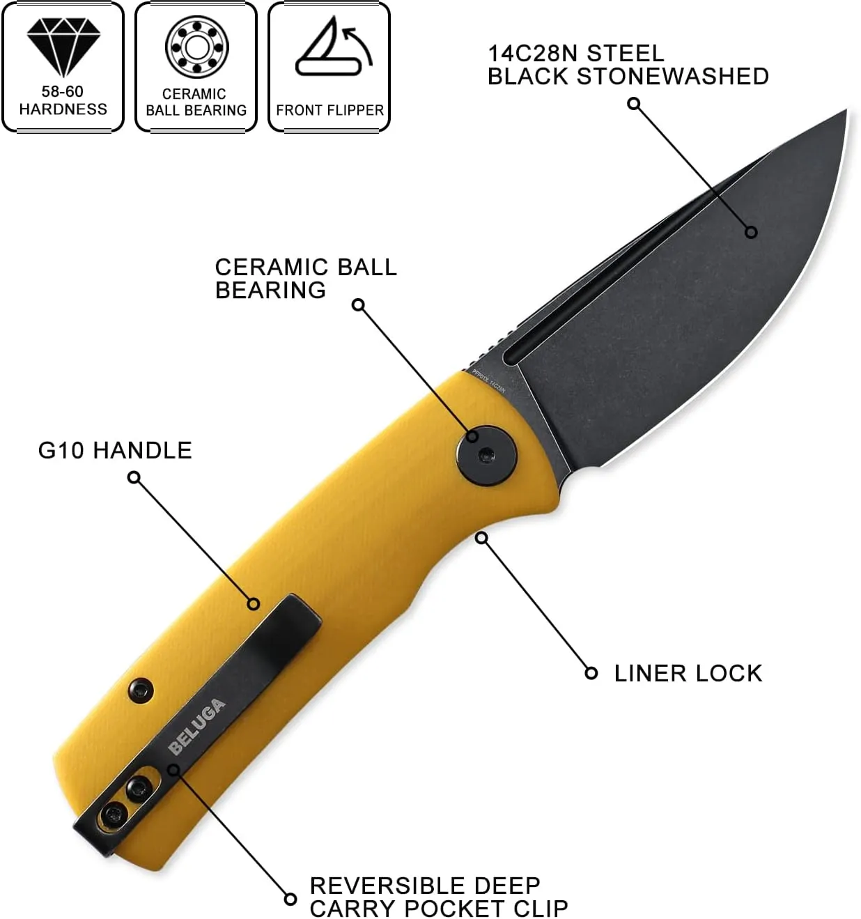Petrified fish PFP01X Beluga,2.99" 14C28N Sand blasting Blade,95.6g G10 Hande Front Flipper Liner lock Folding knife (Yellow G10, Black Stonewashed)