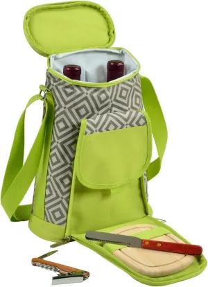 Picnic at Ascot Stylish 2 Bottle Insulated Wine Tote Bag With Cheese Board, Granite Grey/Green