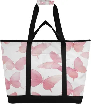Pink Butterfly Reusable Insulated Lunchbox Cooler Bag, Leakproof Kitchen Grocery Bag Collapsible Portable Cooler Tote Bag for Picnic, Camping, Office, Travel