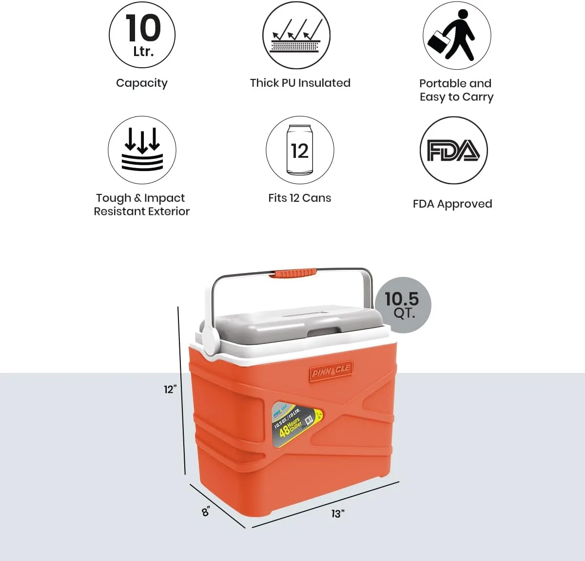 Pinnacle 10 Liter Insulated Cooler Lunch Box -Portable Camping/Picnic Hard Cooler –Coolbox Keeps Cool for 48 hrs. with Ice Retention–Heavy Duty Cooler for Beach, Grill, Travel,Tailgating,Small