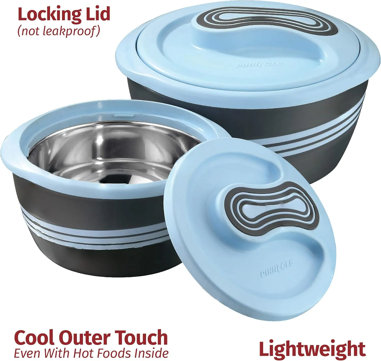 Pinnacle Insulated Casserole Dish with Lid 3 pc. Set 2.6/2/1 qt. Hot Pot Food Warmer/Cooler –Thermal Soup/Salad Serving Bowl- Stainless Steel Hot Food Container–Best Gift Set for Moms –Holidays Blue
