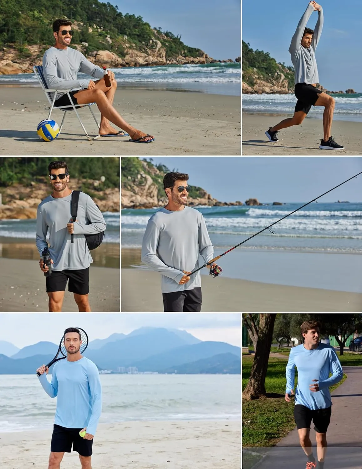 PINSPARK 2 Pack Men's Rash Guard Shirts with Thumb Holes Lightweight UPF 50  Long Sleeve Sun Shirt Quick Dry Swimming Shirts