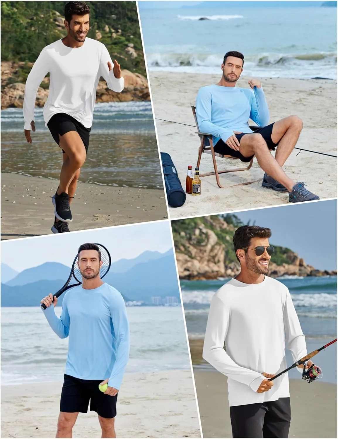 PINSPARK 2 Pack Men's Rash Guard Shirts with Thumb Holes Lightweight UPF 50  Long Sleeve Sun Shirt Quick Dry Swimming Shirts
